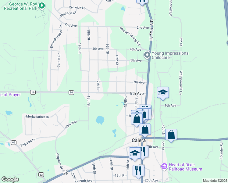 map of restaurants, bars, coffee shops, grocery stores, and more near 780 15th Street in Calera