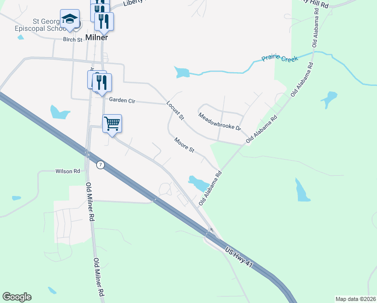 map of restaurants, bars, coffee shops, grocery stores, and more near 117 Moore Street in Milner