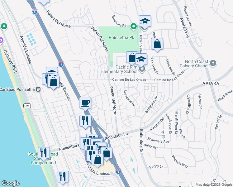 map of restaurants, bars, coffee shops, grocery stores, and more near 863 Hollyhock Court in Carlsbad