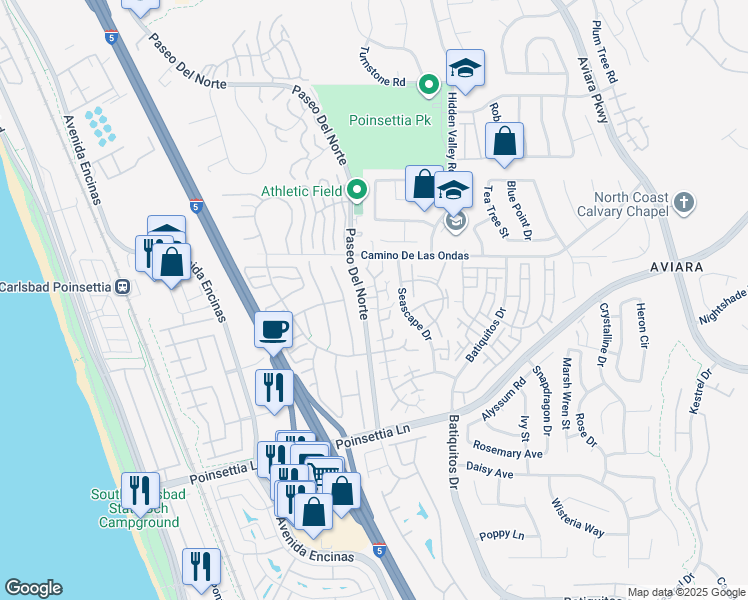 map of restaurants, bars, coffee shops, grocery stores, and more near 6895 Carnation Drive in Carlsbad