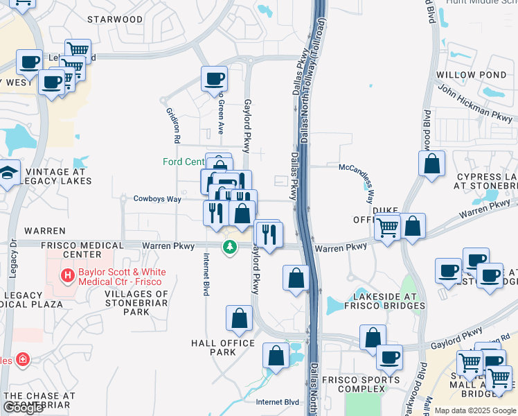 map of restaurants, bars, coffee shops, grocery stores, and more near 12 Cowboys Way in Frisco