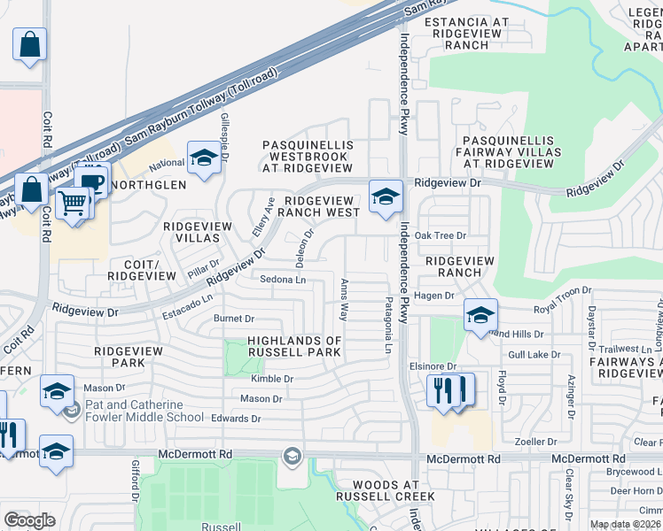 map of restaurants, bars, coffee shops, grocery stores, and more near 9512 Katrina Path in Plano