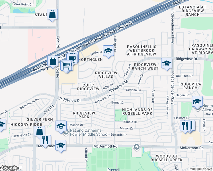 map of restaurants, bars, coffee shops, grocery stores, and more near 3520 Pillar Drive in Plano