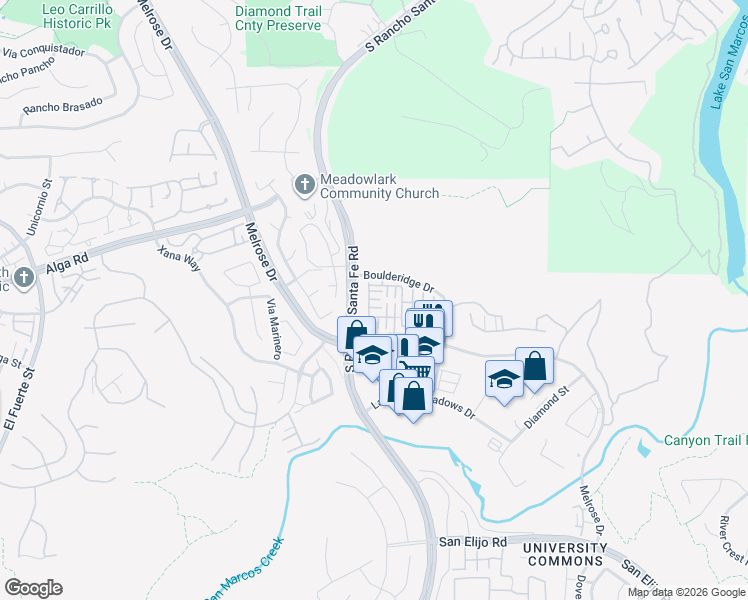 map of restaurants, bars, coffee shops, grocery stores, and more near 2474 Antlers Way in San Marcos