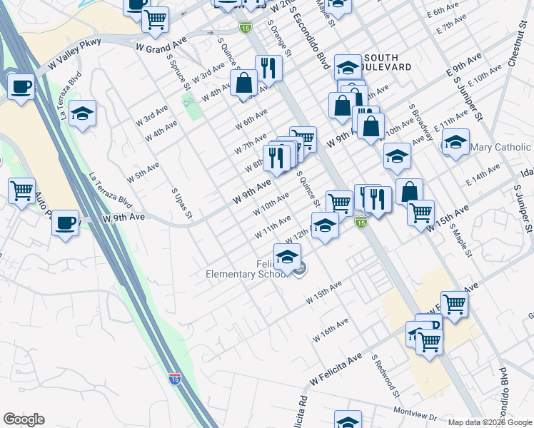 map of restaurants, bars, coffee shops, grocery stores, and more near 759 West 10th Avenue in Escondido