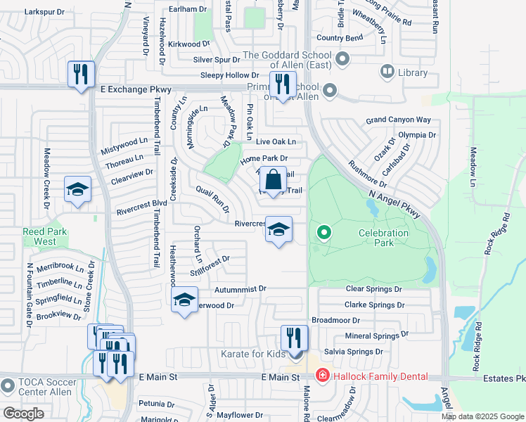 map of restaurants, bars, coffee shops, grocery stores, and more near 1525 Rivercrest Boulevard in Allen