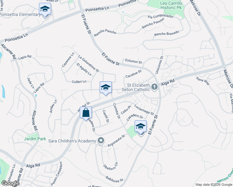map of restaurants, bars, coffee shops, grocery stores, and more near 2767 Vista del Oro in Carlsbad