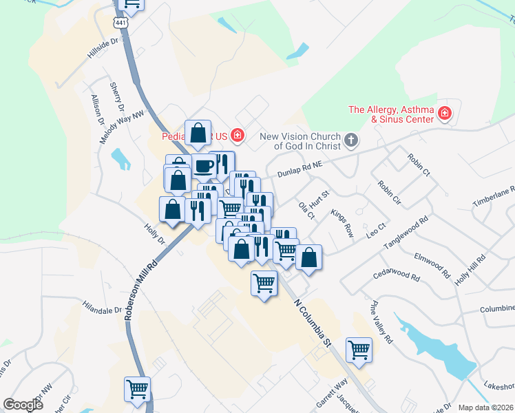map of restaurants, bars, coffee shops, grocery stores, and more near 1230 Harris Street in Milledgeville
