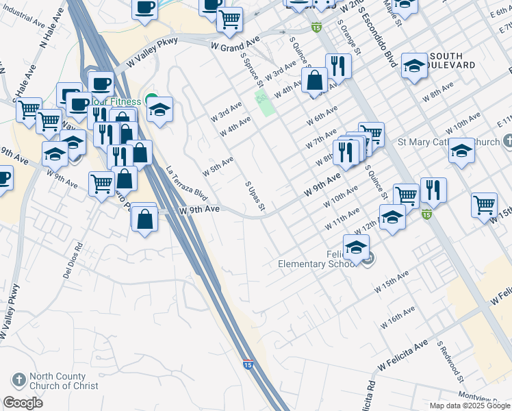 map of restaurants, bars, coffee shops, grocery stores, and more near 1010 West 9th Avenue in Escondido