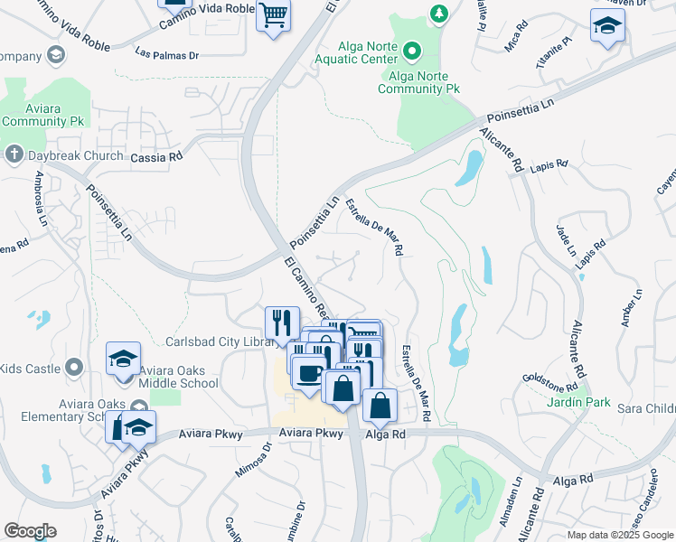 map of restaurants, bars, coffee shops, grocery stores, and more near 6903 Quail Place in Carlsbad