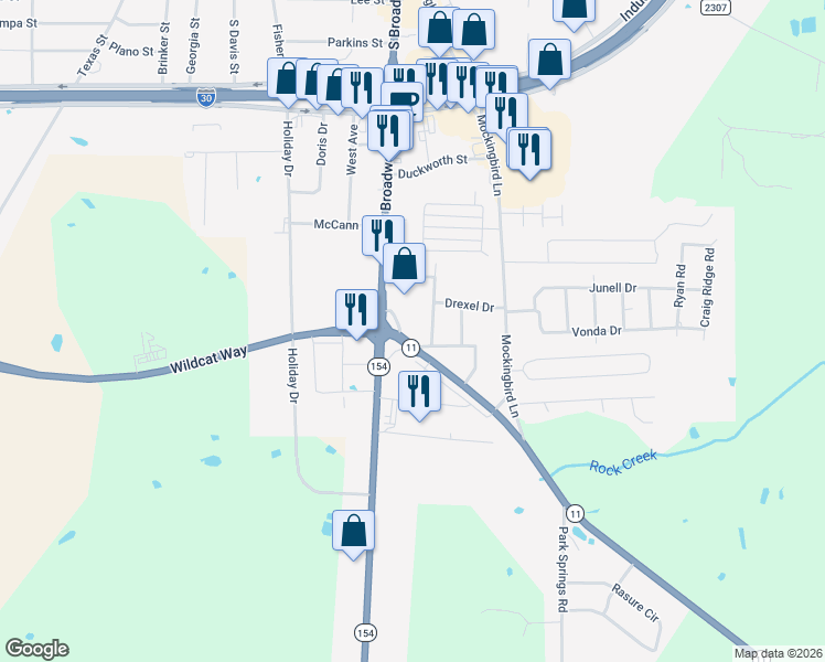map of restaurants, bars, coffee shops, grocery stores, and more near 1610 Posey Lane in Sulphur Springs