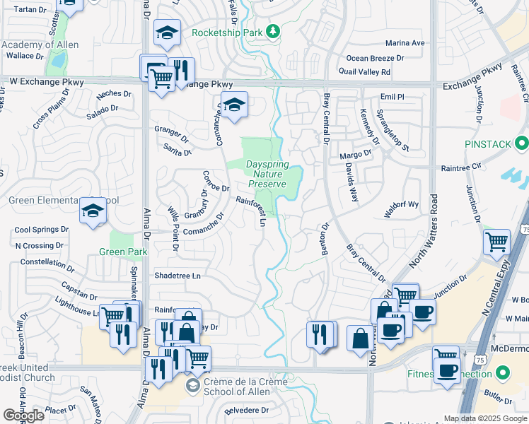 map of restaurants, bars, coffee shops, grocery stores, and more near Watters Branch Creek Trail in Allen
