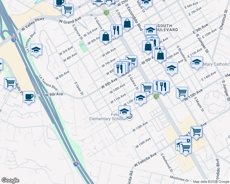 map of restaurants, bars, coffee shops, grocery stores, and more near 759 West 10th Avenue in Escondido