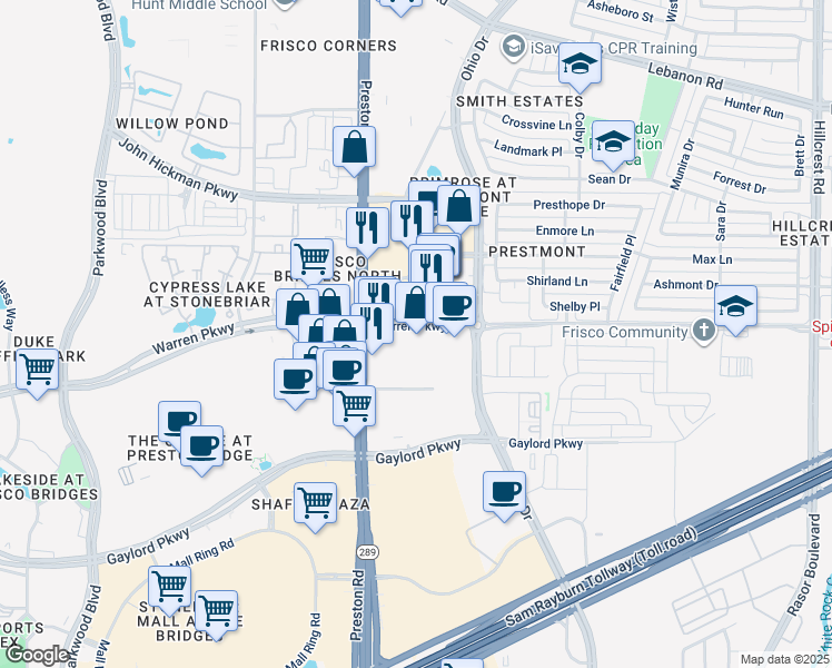 map of restaurants, bars, coffee shops, grocery stores, and more near in Frisco