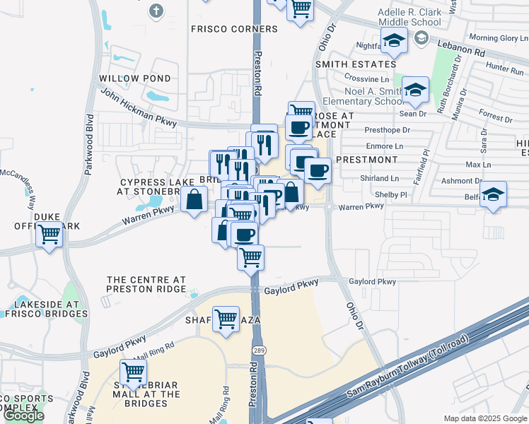 map of restaurants, bars, coffee shops, grocery stores, and more near 3650 Preston Road in Frisco