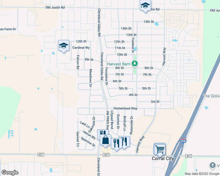 map of restaurants, bars, coffee shops, grocery stores, and more near 1209 5th Street in Argyle