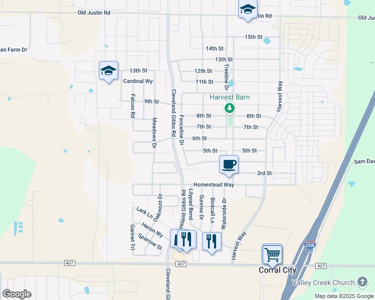 map of restaurants, bars, coffee shops, grocery stores, and more near 1517 5th Street in Argyle