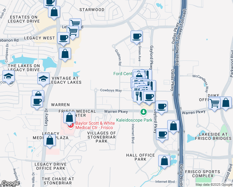map of restaurants, bars, coffee shops, grocery stores, and more near 6303 Cowboys Way in Frisco
