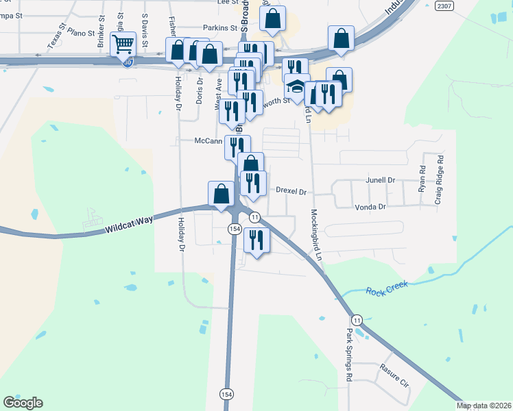 map of restaurants, bars, coffee shops, grocery stores, and more near 1610 Posey Lane in Sulphur Springs