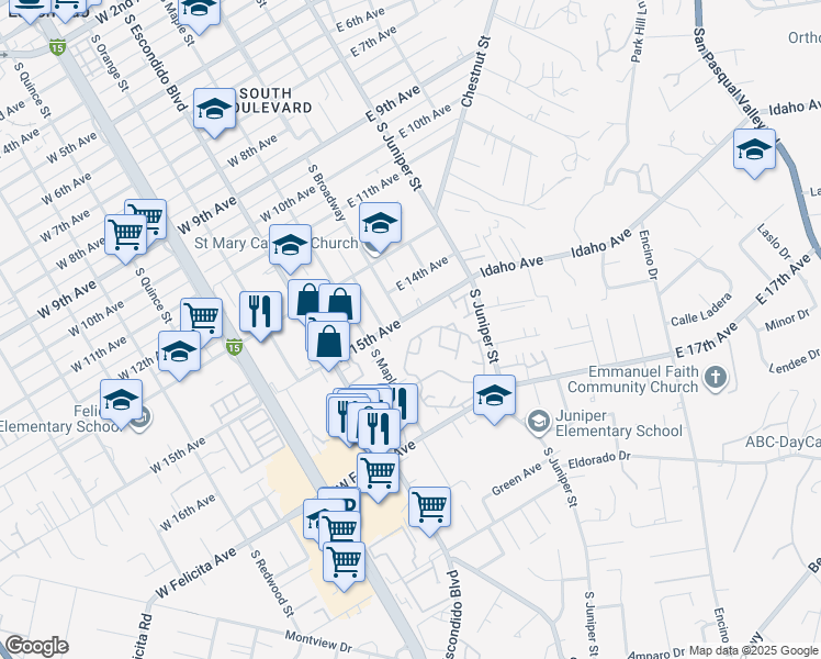 map of restaurants, bars, coffee shops, grocery stores, and more near 101 East 15th Avenue in Escondido