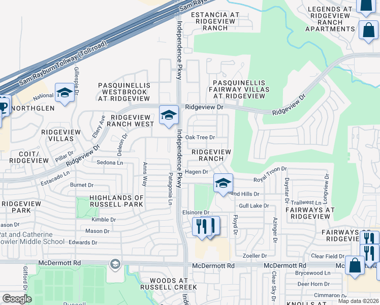 map of restaurants, bars, coffee shops, grocery stores, and more near 2940 Moody Drive in Plano