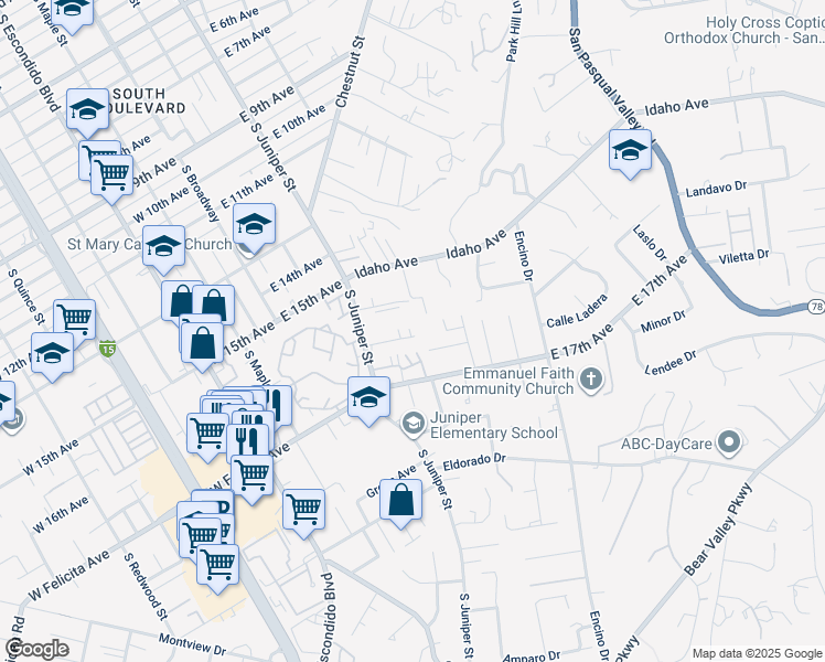 map of restaurants, bars, coffee shops, grocery stores, and more near 1554 South Juniper Street in Escondido