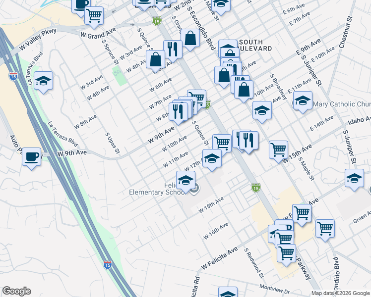 map of restaurants, bars, coffee shops, grocery stores, and more near 701 West 10th Avenue in Escondido