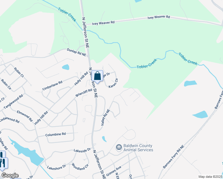 map of restaurants, bars, coffee shops, grocery stores, and more near 1940 Karen Circle in Milledgeville