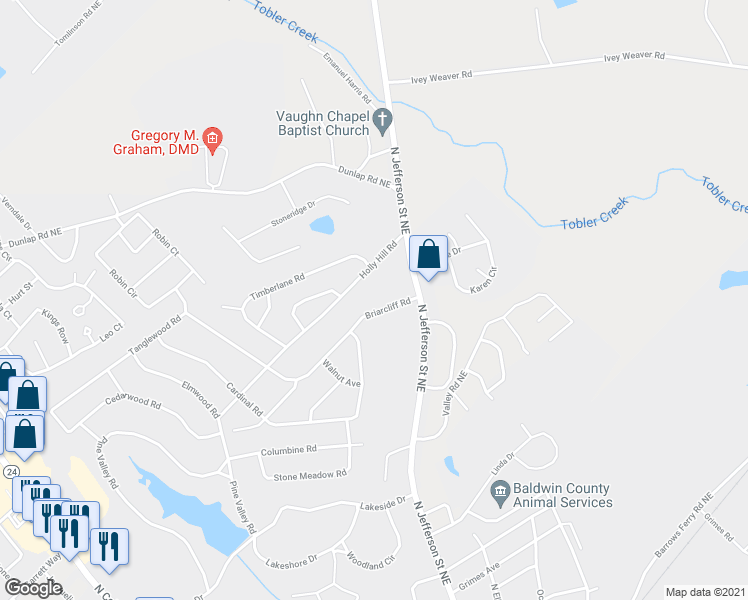 map of restaurants, bars, coffee shops, grocery stores, and more near 1871 Holly Hill Road in Milledgeville