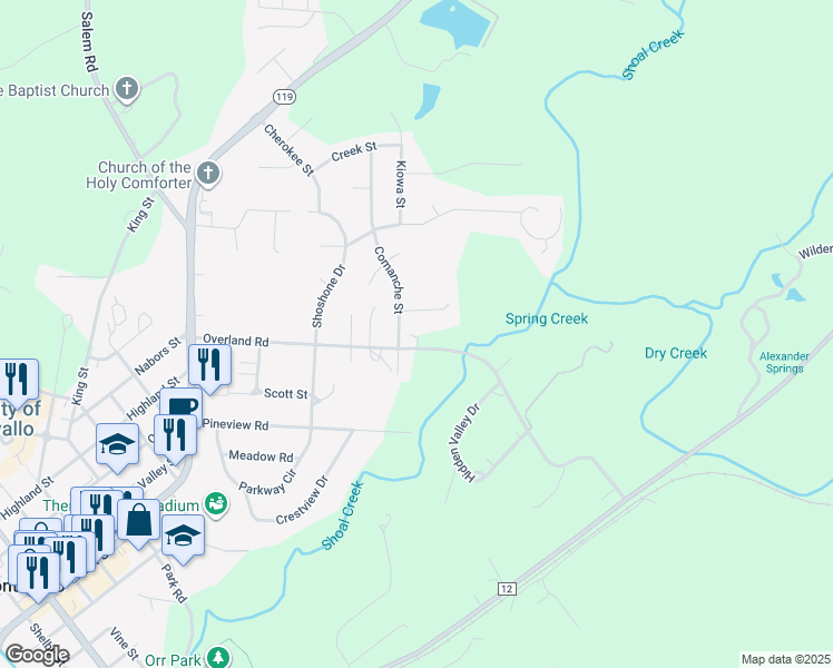 map of restaurants, bars, coffee shops, grocery stores, and more near 164 Davila Drive in Montevallo