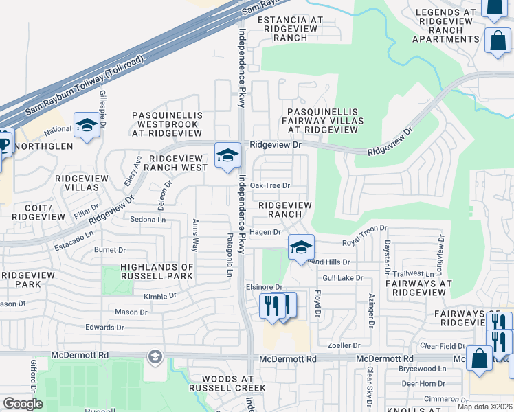 map of restaurants, bars, coffee shops, grocery stores, and more near 2936 Oak Tree Drive in Plano