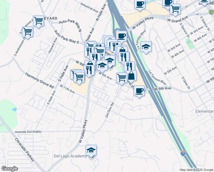 map of restaurants, bars, coffee shops, grocery stores, and more near 1357 West 9th Avenue in Escondido