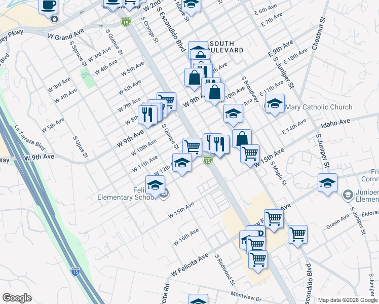 map of restaurants, bars, coffee shops, grocery stores, and more near 532 West 12th Avenue in Escondido