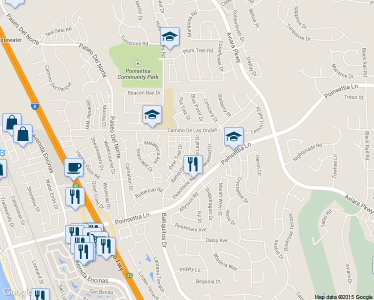 map of restaurants, bars, coffee shops, grocery stores, and more near 6841 Batiquitos Drive in Carlsbad