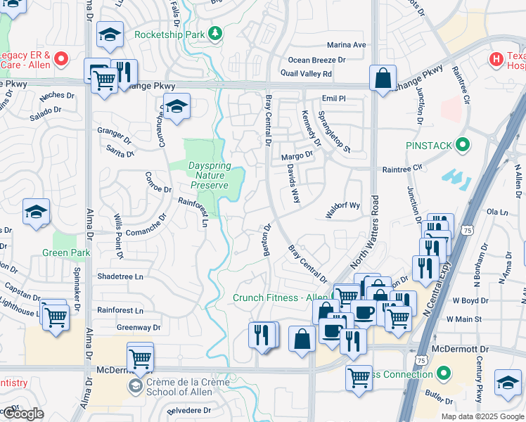map of restaurants, bars, coffee shops, grocery stores, and more near 505 Benton Drive in Allen