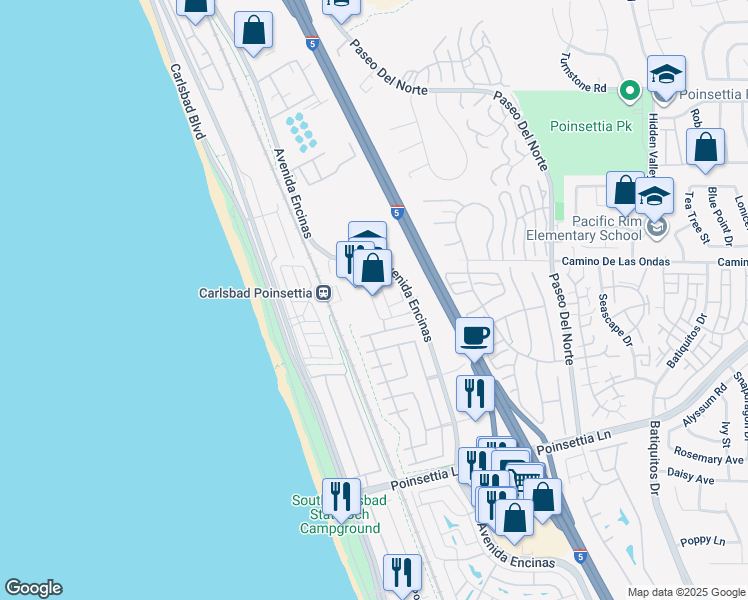 map of restaurants, bars, coffee shops, grocery stores, and more near 6804 Embarcadero Ln in Carlsbad