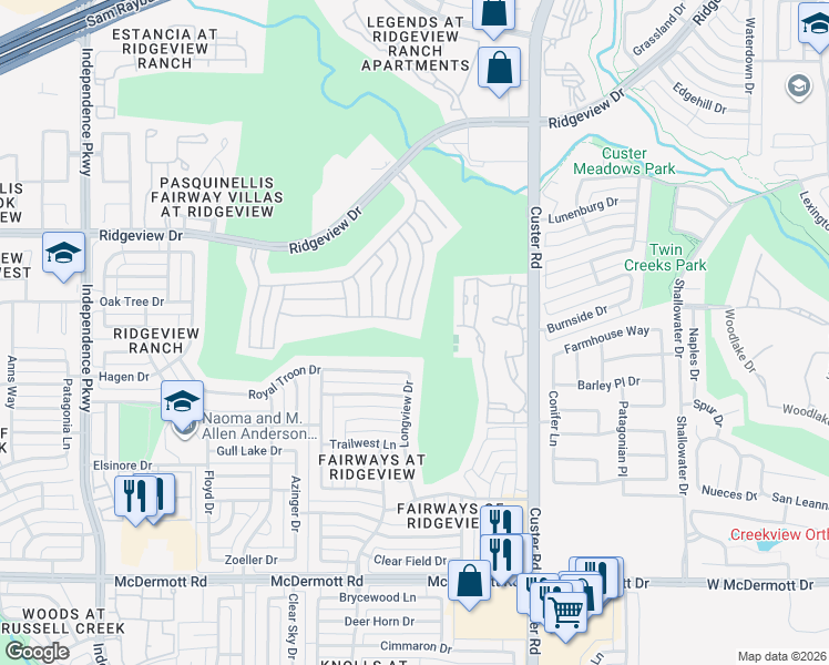 map of restaurants, bars, coffee shops, grocery stores, and more near 9708 Zembriski Drive in Plano