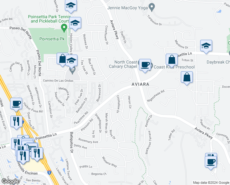 map of restaurants, bars, coffee shops, grocery stores, and more near 1260 Poinsettia Lane in Carlsbad