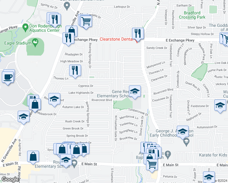 map of restaurants, bars, coffee shops, grocery stores, and more near 601 Sandy Creek Drive in Allen