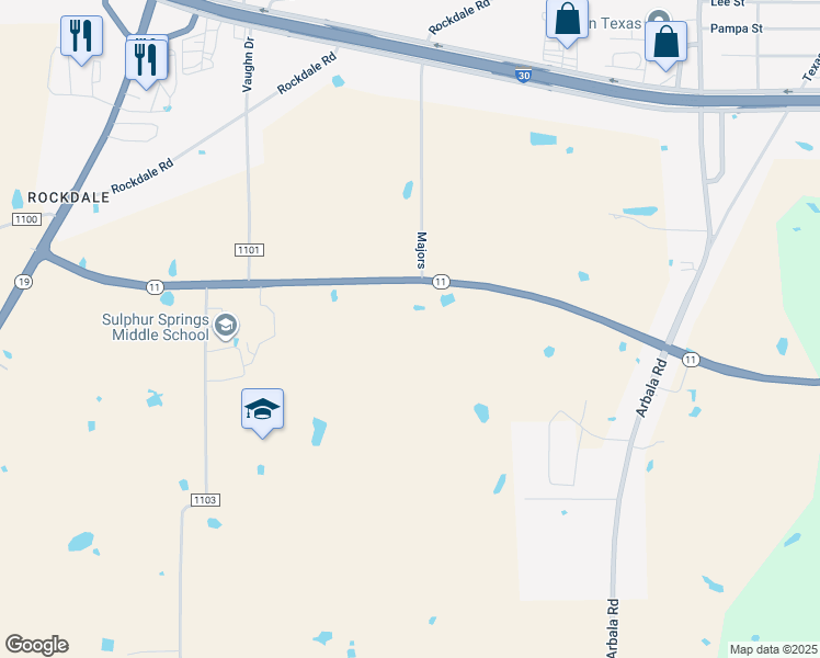 map of restaurants, bars, coffee shops, grocery stores, and more near 749 Wildcat Way in Sulphur Springs