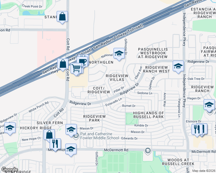 map of restaurants, bars, coffee shops, grocery stores, and more near 3536 Flat Creek Drive in Plano