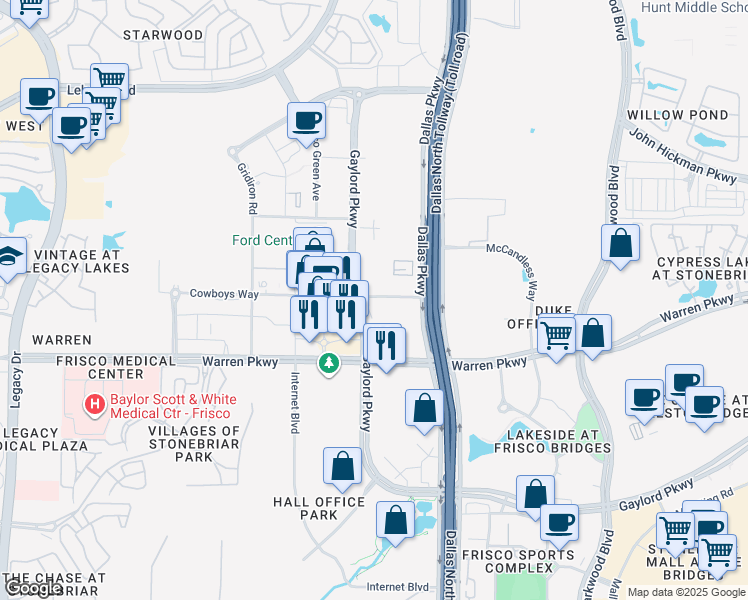 map of restaurants, bars, coffee shops, grocery stores, and more near 3800 Gaylord Parkway in Frisco