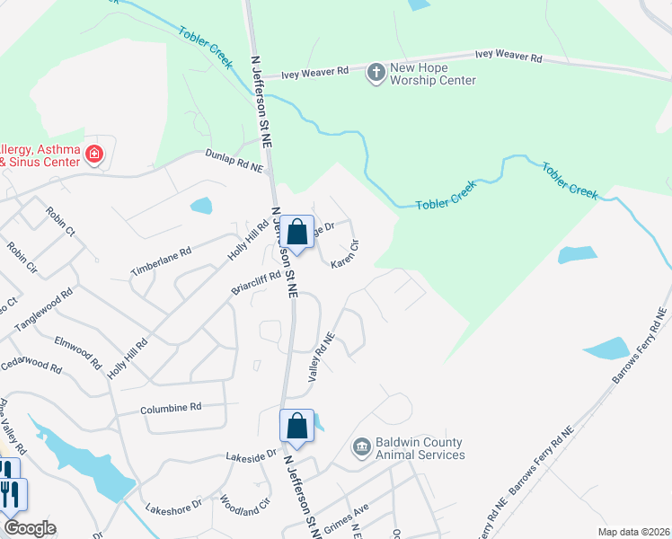 map of restaurants, bars, coffee shops, grocery stores, and more near 1940 Karen Circle in Milledgeville