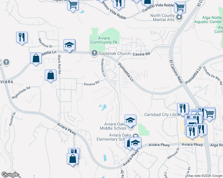 map of restaurants, bars, coffee shops, grocery stores, and more near 6628 Ambrosia Lane in Carlsbad