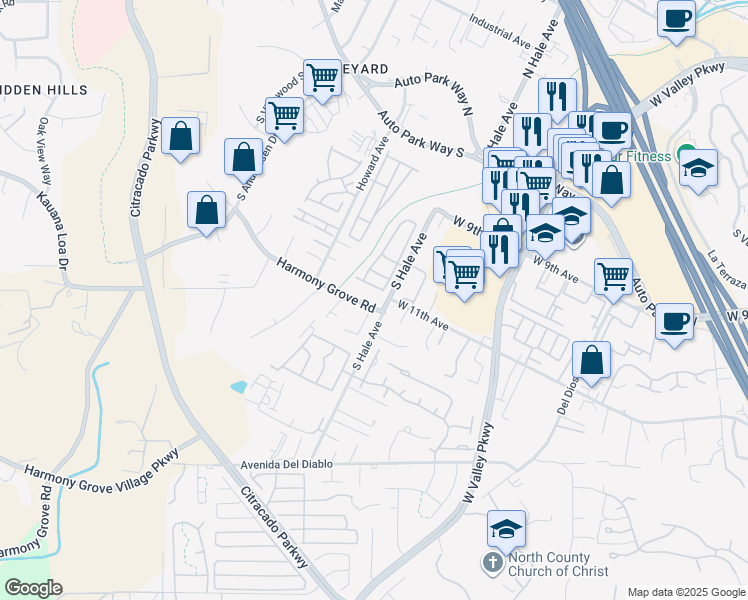 map of restaurants, bars, coffee shops, grocery stores, and more near 1800 Harmony Grove Road in Escondido