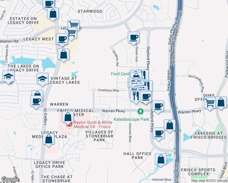 map of restaurants, bars, coffee shops, grocery stores, and more near 6303 Cowboys Way in Frisco