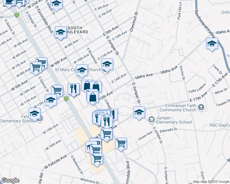 map of restaurants, bars, coffee shops, grocery stores, and more near 101 East 15th Avenue in Escondido