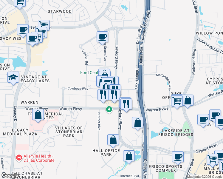 map of restaurants, bars, coffee shops, grocery stores, and more near Cowboys Way in Frisco