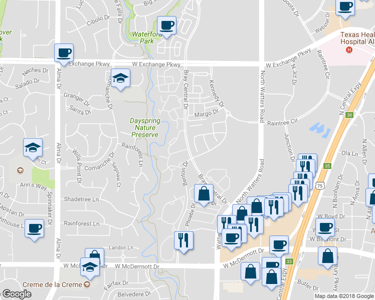 map of restaurants, bars, coffee shops, grocery stores, and more near 697 Bray Central Drive in Allen