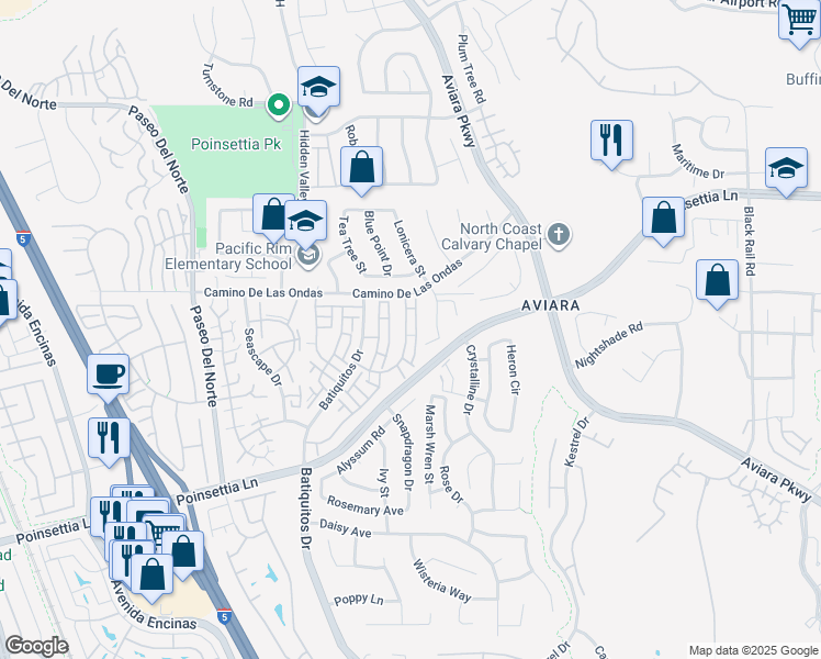 map of restaurants, bars, coffee shops, grocery stores, and more near 6838 Briarwood Drive in Carlsbad